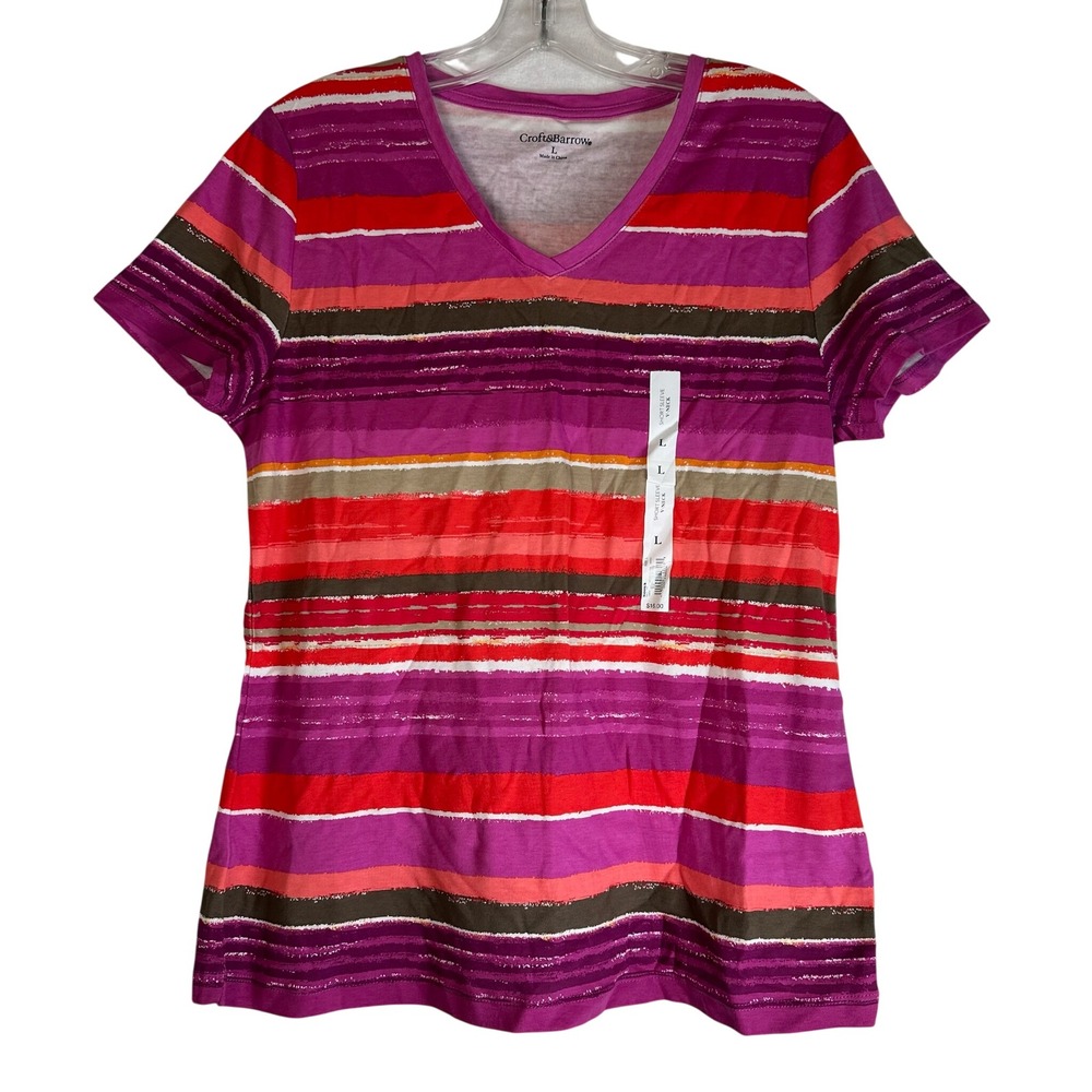 Croft & Barrow Womens Large V-Neck Short Sleeve Striped Cotton Tee Multi-Color
